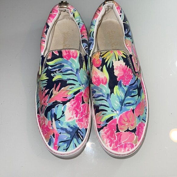 Lilly Pulitzer Sneakers Size 8 Pink Blue Tropical Floral Canvas Slip On - Picture 13 of 13